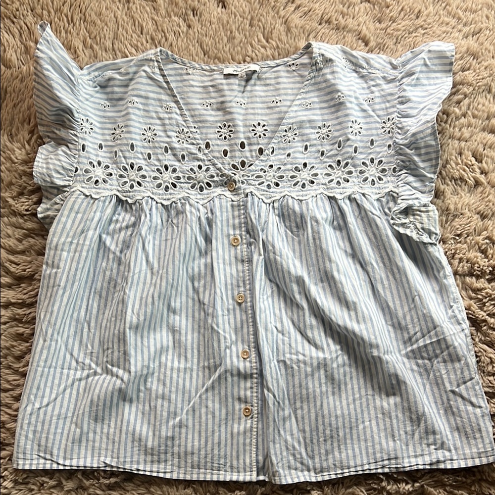 Madewell Light Blue and White Eyelet Top